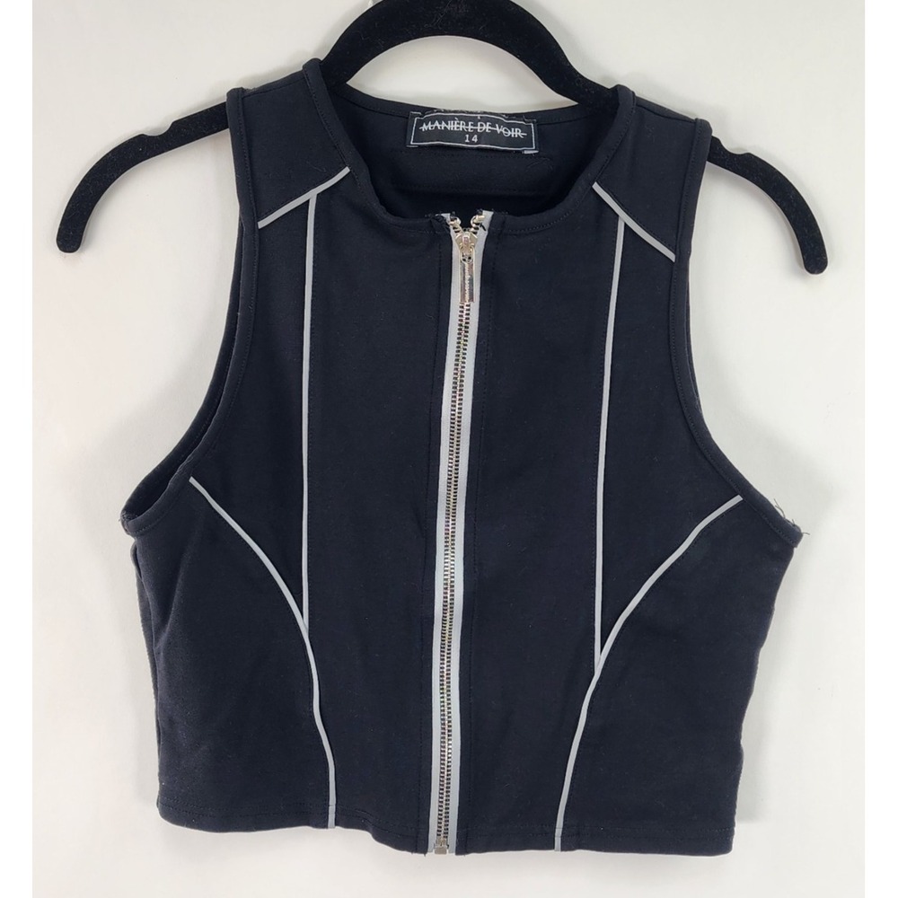 Maniere de Voir Black Crop Top Women's 14 Stretch Sleeveless Zip Front